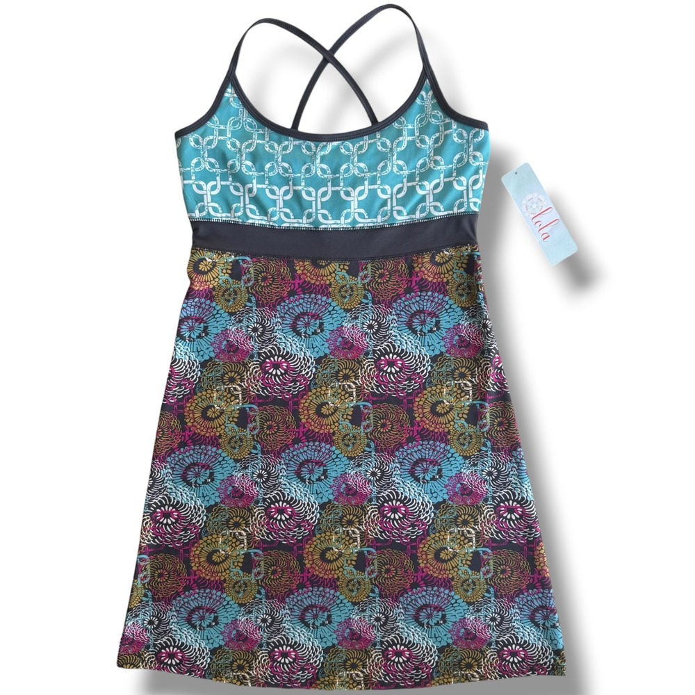 LOLA Women S Blue Purple Mixed Print Built-in Bra Criss Cross Strap Active Dress